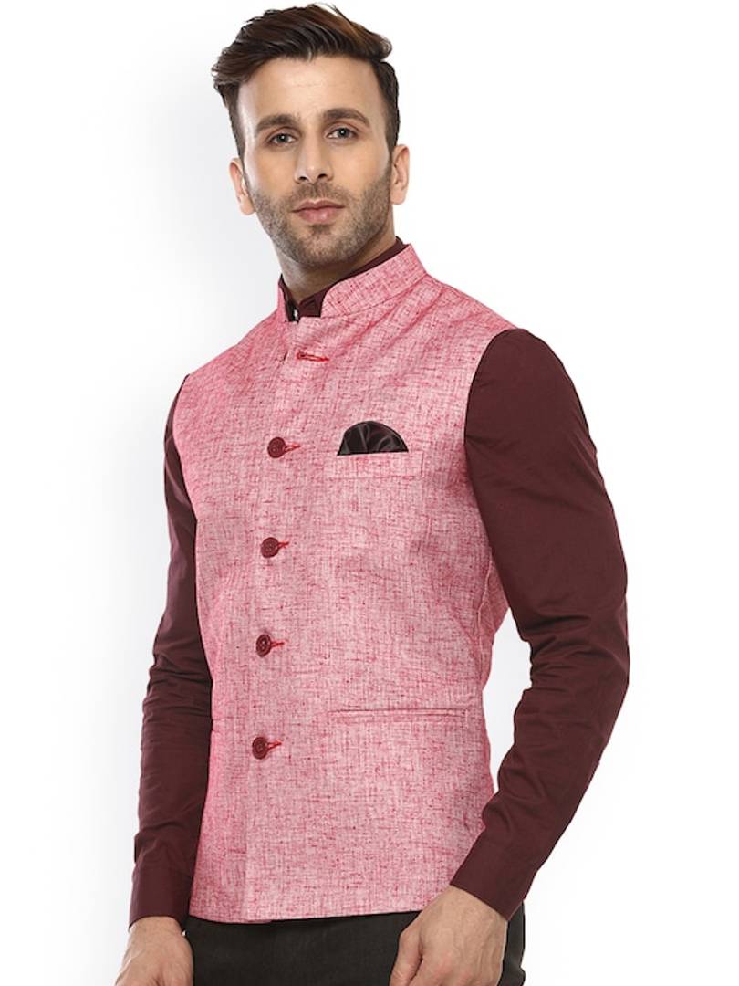 Men's Red 
Cotton Blend
 Solid
 Nehru Jackets